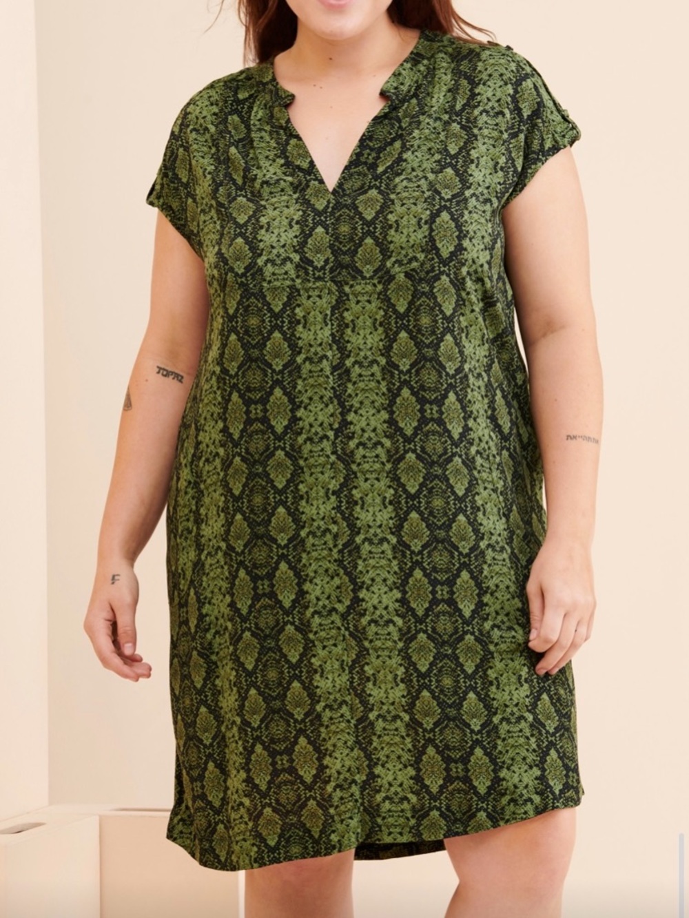 NWT Anthropologie Rachel Snakeskin Tunic Dress Pockets Boho Beach Woman 2X Green